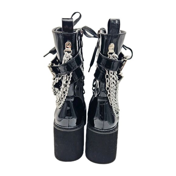 Gothic Punk Biker Patent Faux Leather Platform Wedge Boots Chain Buckle 36/6.5 - Picture 4 of 11